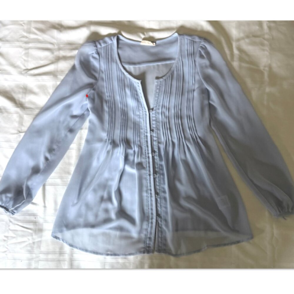 5/$15 SALE!  Maison Jules Blouse Top Baby Blue Pleated Button Front Long Sleeve